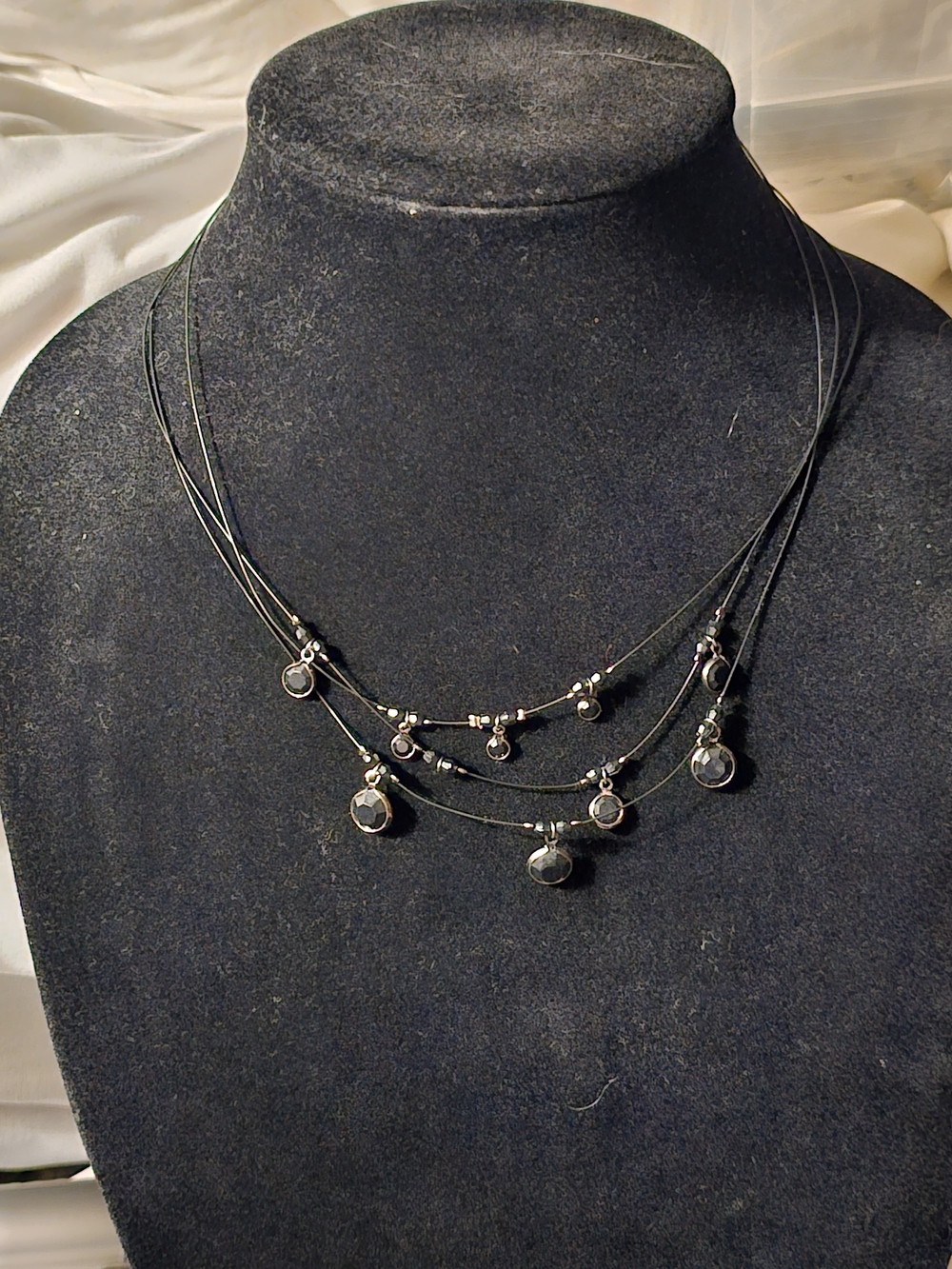 Vintage Beautiful Dainty Multi-Strand Silver & Black Crystal Drop Necklace